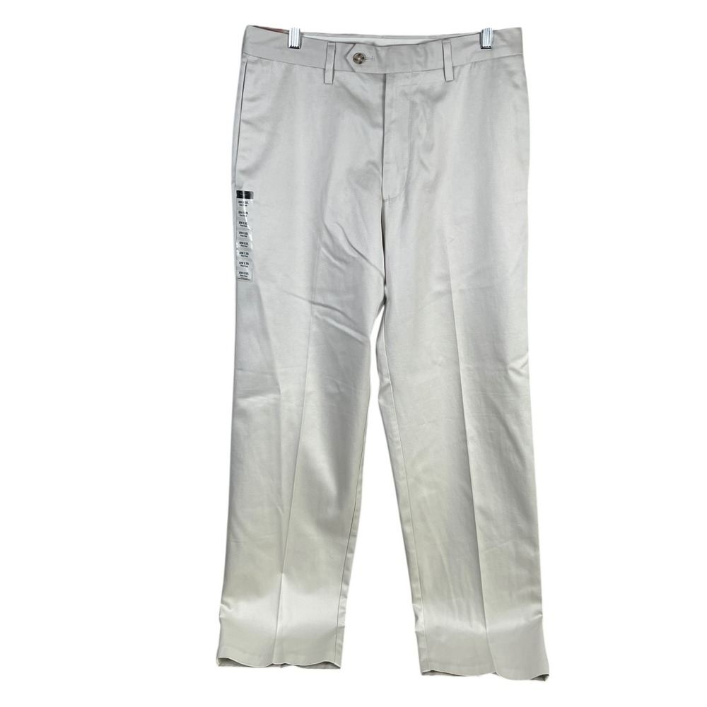 New Haggar VIP Trouser Khaki Pants Mens 32x32 Beige Cotton Flat Front Flex Waist
